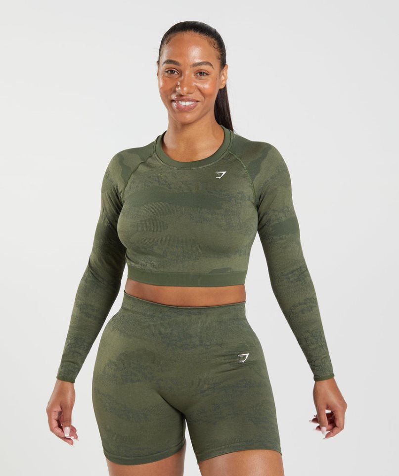 Women's Gymshark Adapt Camo Seamless Lace Up Back Top T-Shirts Olive | CA 8D7A35